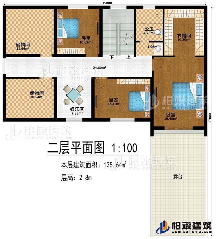 阁楼：娱乐区、2储物间、3卧室、衣帽间、露台